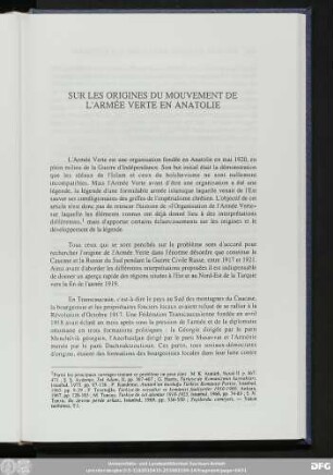 Sur Les Origines Du Mouvement De L'Armée Verte En Anatolie