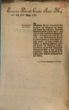 Extractus Protocolli Consilii Aulici Mog. ddo den 27ten März 1787.