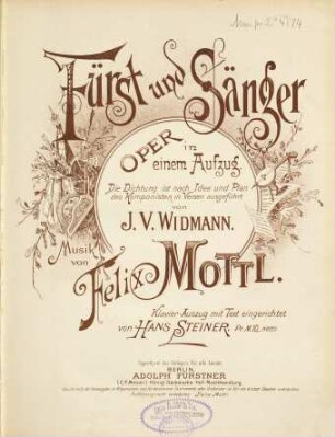 Fürst und Sänger : Oper in einem Aufzug ; die Dichtung ist nach Idee und Plan des Komponisten in Versen ausgeführt von J. V. Widmann