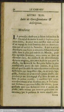 Lettre XLIII. Suite de Correspondance & description