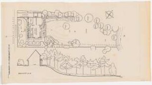 Druckvorlagen / Garten Georg Weste, Berlin-Zehlendorf: Eigenheimgarten F. in Berlin mit 1350 qm (Garten eines Kaufmanns): Grundriss, Schnitt, Maßstabsleiste