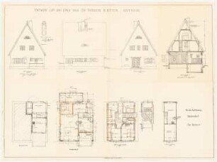 Einfamilien-Sommerhaus, Haffkrug: Grundrisse 1:50: Keller, Erdgeschoss, Obergeschoss, Dachboden; Aufrisse 1:50: Ostansicht, Nordansicht, Westansicht; Querschnitt 1:50; Detail: Firstbrett 1:10