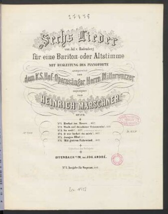 Sechs Lieder von Jul. v. Rodenberg : für eine Bariton- oder Altstimme mit Begleitung des Pianoforte ; op. 173
