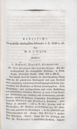 901-932 Uebersicht der praktisch-theologischen Litteratur v. J. 1830 und 31
