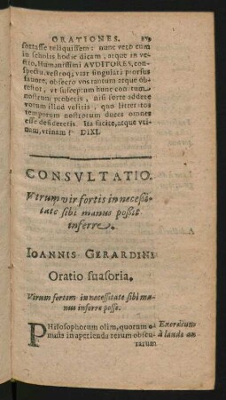 Consultatio. Utrum vir fortis in neceßitate sibi manus poßit inferre.