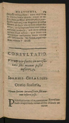 Consultatio. Utrum vir fortis in neceßitate sibi manus poßit inferre.