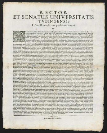 Rector Et Senatus Universitatis Tvbingensis Lectori Benevolo cum praefatione honoris Sal.