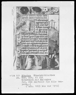 Gebetbuch mit Kalender — Johannes, Petrus und Maria Magdalena am leeren Grab, im Hintergrund Golgatha, Folio 248recto