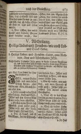 V. Abtheilung. Heilige Liebes- und Freuden- wie auch Lob- und Danck-Lieder.