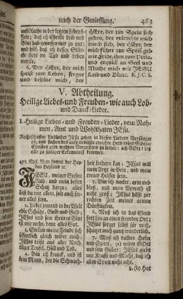 V. Abtheilung. Heilige Liebes- und Freuden- wie auch Lob- und Danck-Lieder.