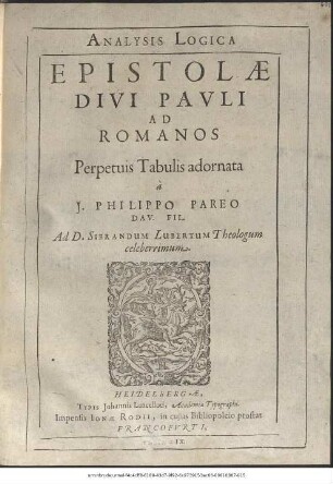Analysis Logica Epistolae Divi Pauli Ad Romanos : Perpetuis Tabulis adornata