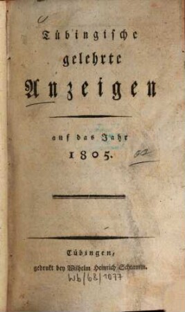 Tübingische gelehrte Anzeigen : auf das Jahr ..., 1805