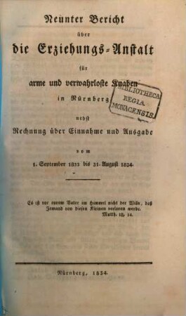 Bericht über die Erziehungs-Anstalt für Arme und Verwahrloste Knaben in Nürnberg. 9. 1833/34 (1834)