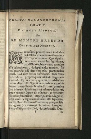 Philippi Melanchthonis Oratio De Arte Medica, Sive De Honore Habendo Corporibus Nostris