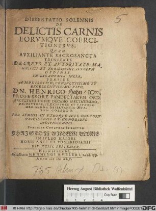 Dissertatio Solennis De Declictis Carnis Eorumque Coercitionibus
