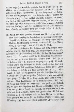 311-313 [Rezension] Ernesti, Konrad, Die Ethik des Titus Flavius Clemens von Alexandrien oder die erste zusammenhängende Begründung der christlichen Sittenlehre