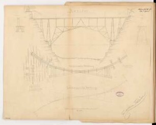 Eisenbahnbrücke in Venezuela Monatskonkurrenz Februar 1889: Grundriss (mehrere Ebenen), Grundrissskizze, Aufriss Seitenansicht, Pfeiler im Querschnitt (Skizze) 1:200; Maßstabsleiste