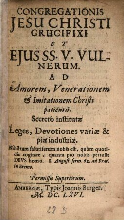 Congregationis Jesu Christi crucifixi ... Leges