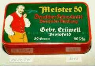 Blechdose für Tabak "Meister 50 Deutscher Feinschnitt Bielefelder Mischung Gebr. Crüwell Bielefeld 50 Gramm 50 Pfg."