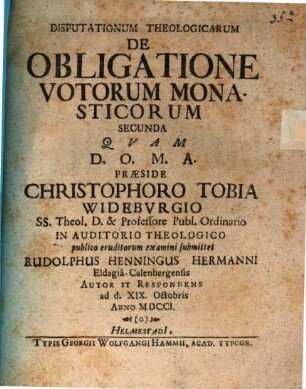 Disputationum theol. de obligatione votorum monasticorum secunda