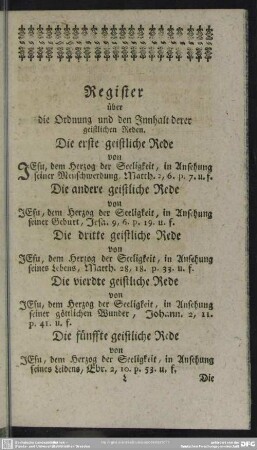 Register über die Ordnung und den Innhalt derer geistlichen Reden