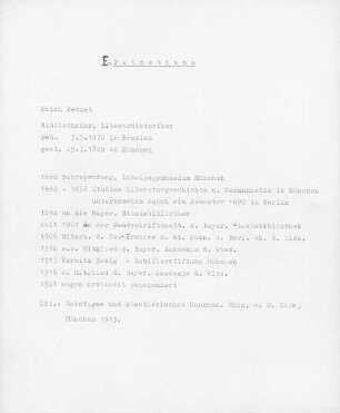 Nachlass von Erich Petzet - BSB E. Petzetiana, 0. Repertorium des Nachlasses von Erich Petzet (1870 - 1928)