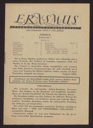 Broschüre Katalog 7 "Judaica", mit Voranzeige für den Verkauf der Judaica-Sammlung von Herrmann Meyer (1901-1972), Erasmus Antiquariaat en Boekhandel