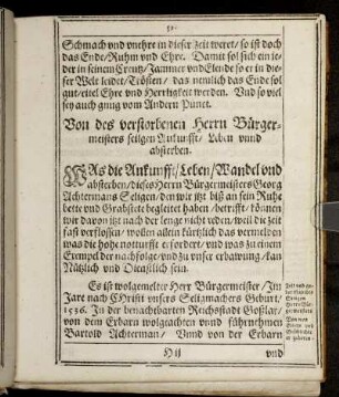 Von des verstorbenen Herrn Bürgermeisters seilgen Ankunfft/ Leben unnd absterben.