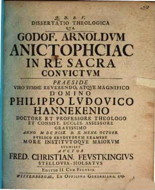 Dissertatio theologica qva Godof. Arnoldvm anictophciac in re sacra convictvm
