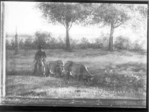 Landschaft am Fluss, Ausschnitt: Hirte zu Pferd mit Kühen