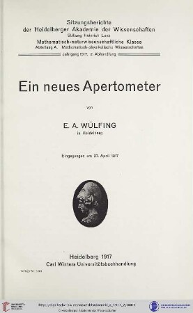 1917, 2. Abhandlung: Sitzungsberichte der Heidelberger Akademie der Wissenschaften, Mathematisch-Naturwissenschaftliche Klasse: Abteilung A, Mathematisch-physikalische Wissenschaften: Ein neues Apertometer