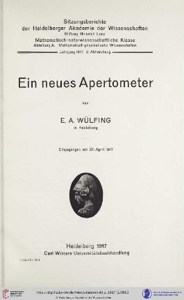 1917, 2. Abhandlung: Sitzungsberichte der Heidelberger Akademie der Wissenschaften, Mathematisch-Naturwissenschaftliche Klasse: Abteilung A, Mathematisch-physikalische Wissenschaften: Ein neues Apertometer