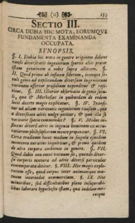 Sectio III. Circa Dubia Hic Mota, Eorumque Fundamenta Examinanda Occupata. Synopsis.