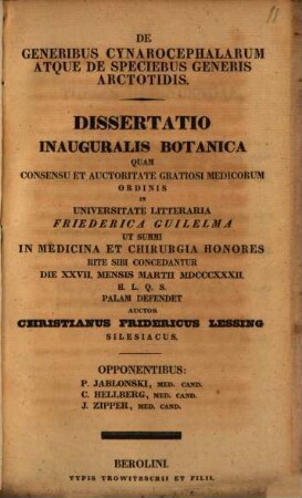 De generibus cynarocephalarum atque de speciebus generis arctotidis : Dissertatio inauguralis botanica