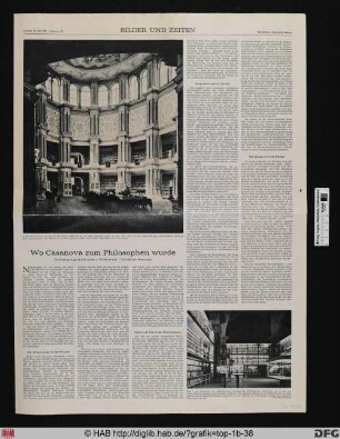 [Zeitungsartikel in der Frankfurter Allgemeinen Zeitung vom 29.7.1967:"Wo Casanova zu einem Philosophen wurde", mit zwei Abbildungen der Bibliotheksinnenräumen].