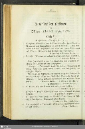 Uebersicht der Lectionen von Ostern 1874 bis dahin 1875