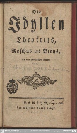 Die Idyllen Theokrits, Moschus und Bions : aus dem Griechischen übersetzt