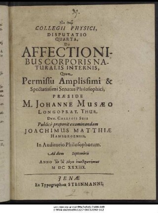 Collegii Physici, Disputatio Quarta, De Affectionibus Corporis Naturalis Internis