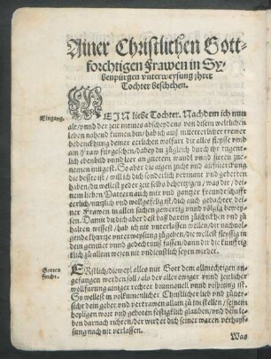 Ainer Christlichen Gottforchtigen Frawen in Sybenpürgen unterweysung ihrer Tochter geschehen.