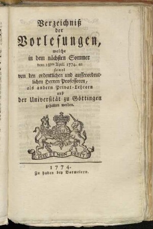 SS 1774: Verzeichnis der Vorlesungen // Georg-August-Universität Göttingen