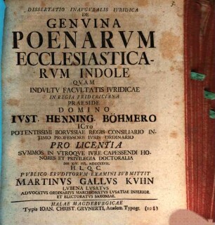 Dissertatio Inavgvralis Ivridica De Genvina Poenarvm Ecclesiasticarvm Indole