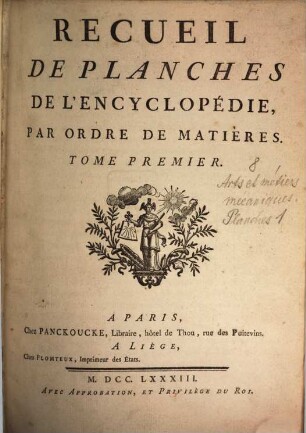 Encyclopédie Méthodique, Ou Par Ordre De Matieres : Par Une Société De Gens De Lettres, De Savants Et D'Artistes ; Précédée d'un Vocabulaire universel, servant de Table pour tout l'Ouvrage, ornée des Portraits de MM. Diderot et D'Alembert, premiers Éditeurs de l'Encyclopédie, [8,a],1. Recueil De Planches De L'Encyclopédie, Par Ordre De Matières ; T. 1 : [Arts Et Métiers Mécaniques] , [A -C]
