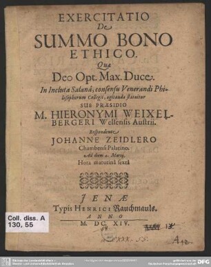 Exercitatio de summo bono ethico