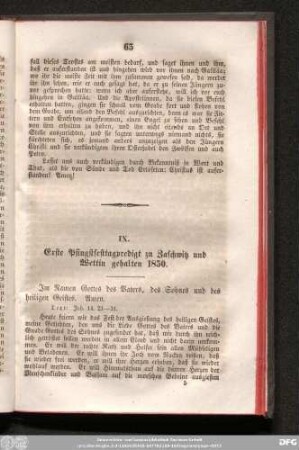 IX. Erste Pfingstfesttagpredigt zu Zaschwitz und Wettin gehalten 1850.