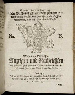 No. 15. Montags, den 12ten April 1773.