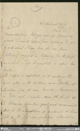 Eigenh. Brief von Edward Upham an August Wilhelm von Schlegel, London, 22.03.o.J.