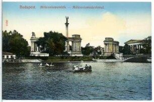 Budapest. Millenniumsdenkmal (1896) : Budapest. Millenniumsdenkmal (1896; Albert Schickedanz, Skulptur von György Zala) auf dem Heldenplatz. Blick über den Stadtwäldchenteich