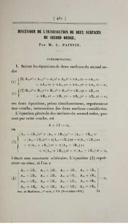 Discussion de l'intersection de deux surfaces du second ordre.