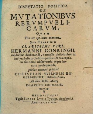 Disputatio Politica De Mutationibus Rerumpublicarum