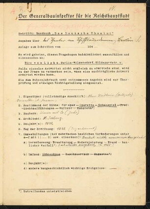 Theater am Schiffbauerdamm (auch: Neues Theater, Berliner Ensemble), Berlin: Fragebogen für das Handbuch »Das Deutsche Theater«, vierseitiges Dokument
